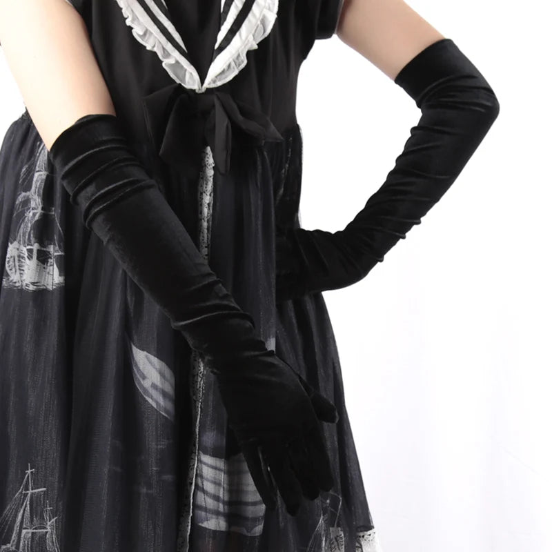 Women Velvet Long Autumn Winter Warm Black Evening Dress Etiquette Gloves Retro Style Banquet Accessories Elasticity Mittens Qme