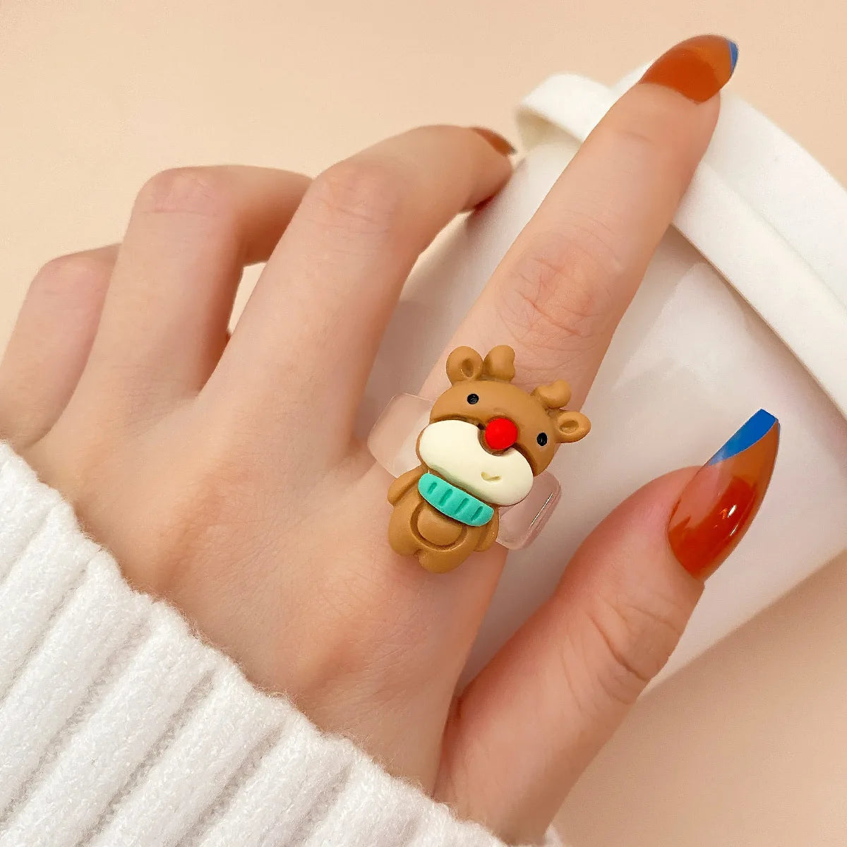 Cartoon Christmas Ring for Women Kid Cute Elk Snowman Star Tree Pendant Finger Ring Hand Party Jewelry New Year Friendship Gift Qme 2 Size 7