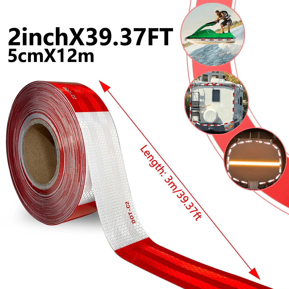 Reflective Safety Tape DOT-C2 PET Material Red & White Waterproof Sunscreen Strong Reflection Warning Tape for Safety Qme 5cmX12m