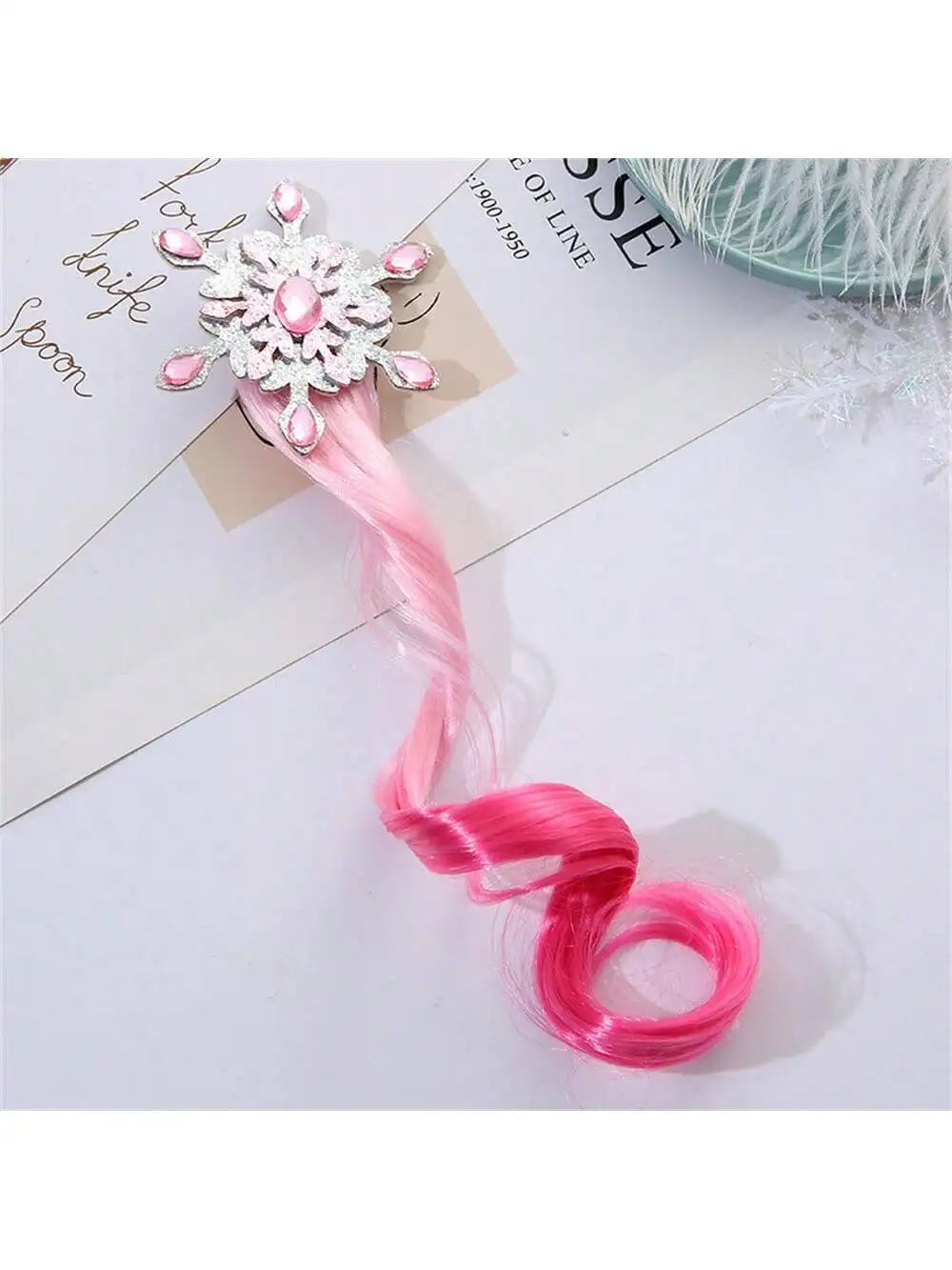 Girls Glitter Snowflake Ombre Curly Wig Decor Glamorous Hair Clip Qme pink