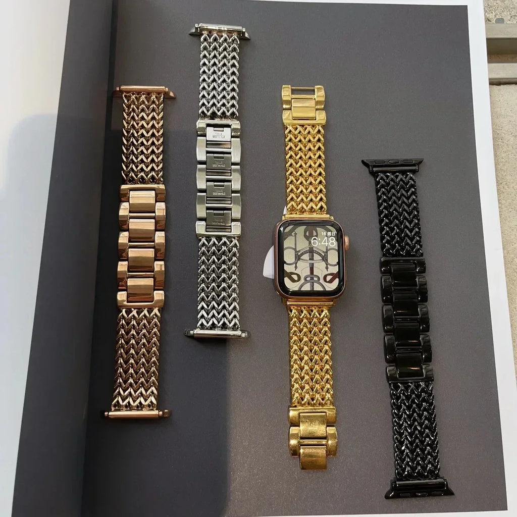 Luxury Stainless Steel Band For Apple Watch 9 8 7 6 SE 5 3 45/44/42/41mm Metal Braided Bracelet Correa iWatch Ultra 49mm 40 38mm Qme