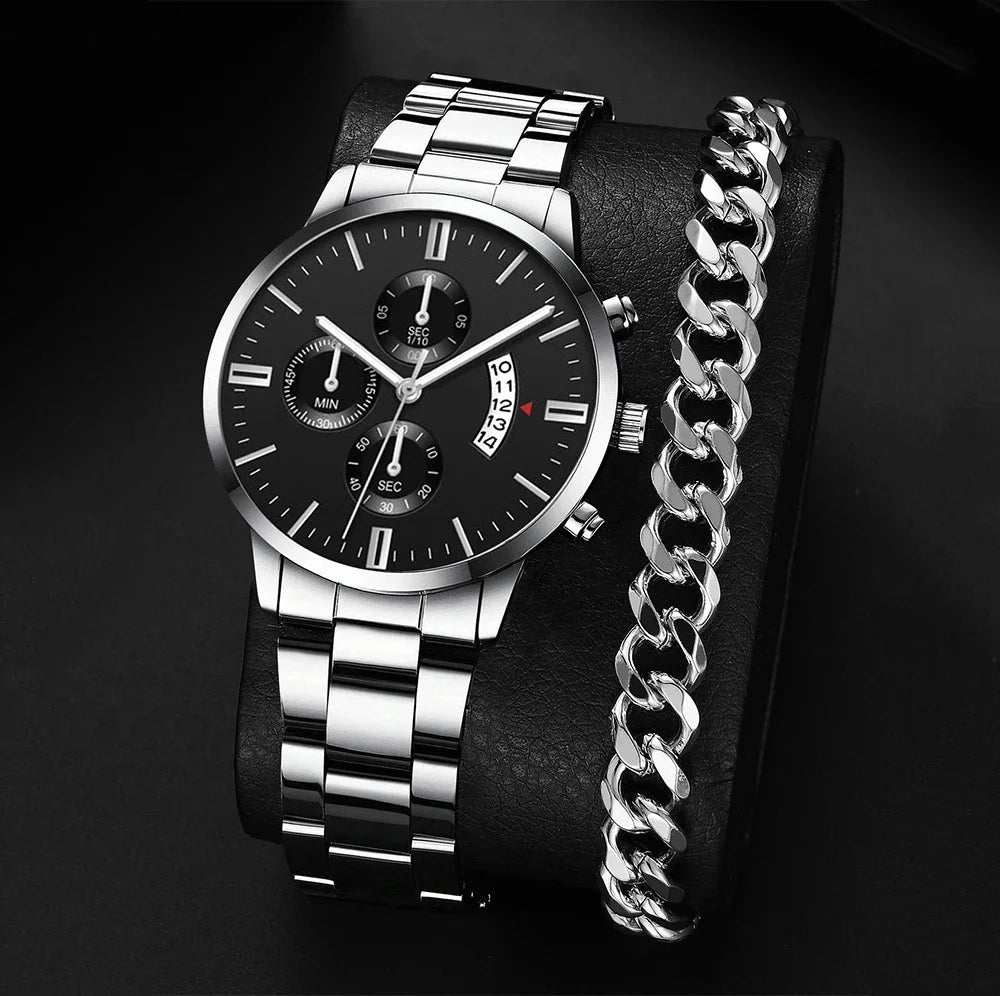 Quartzo em aço inoxidável masculino Relógio de pulso, Relógio de luxo, Calendário, Relógios de negócios Qme Silver F