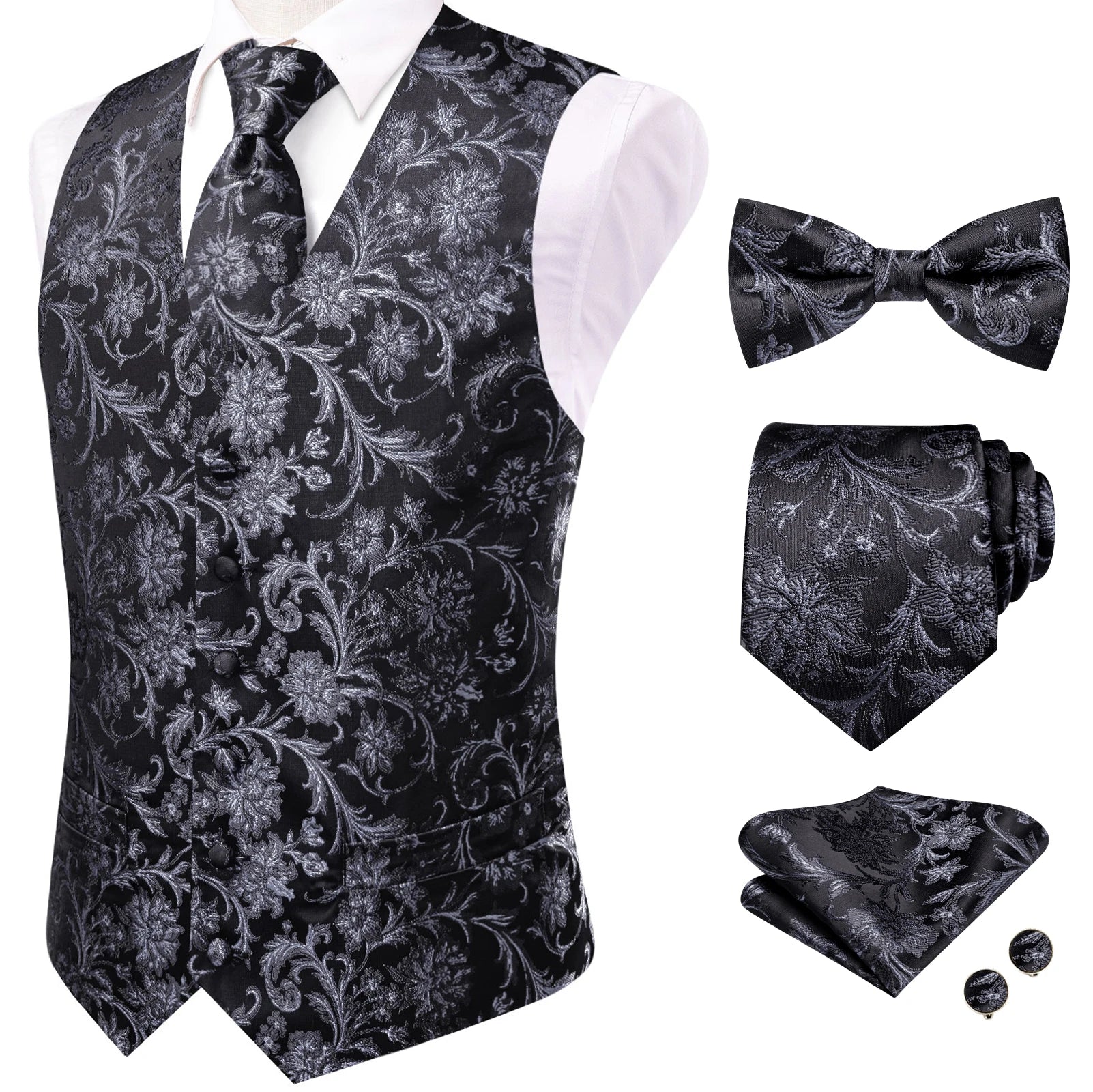 Men Black Grey Paisley Pattern V Collar Vest Full Wedding Party Qme