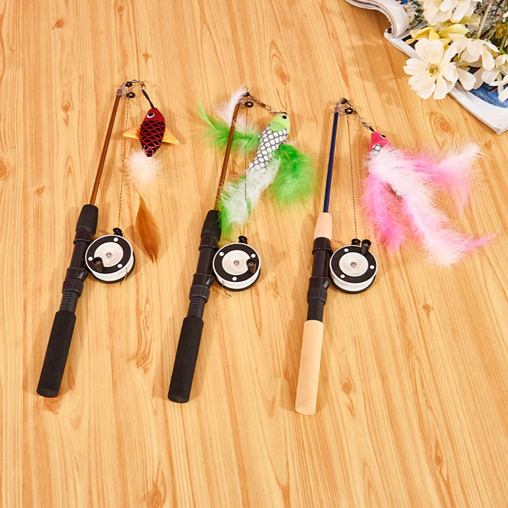 Retractable Cat Toy Fish Type Telescopic Feathers Funny Cat Stick Toys Pet Toy for Kitten Cat Rods Simulation Fishing Rod Qme