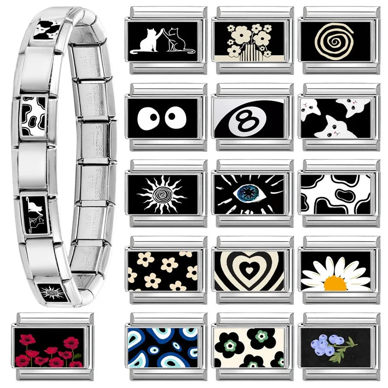 Fashion 2025 Cute White Cat Flowers Daisy Eyes Italian Links Charm Fit 9mm Stainless Steel Gift Modular Bracelet Jewelry Making Qme