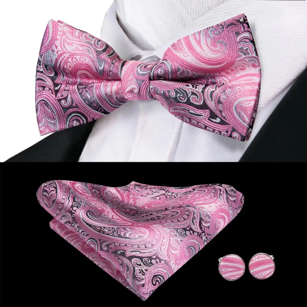 Peach Pink Salmon Rose Mens Bow Tie Pocket Square Cufflinks Pre-tied Qme LDLH0799