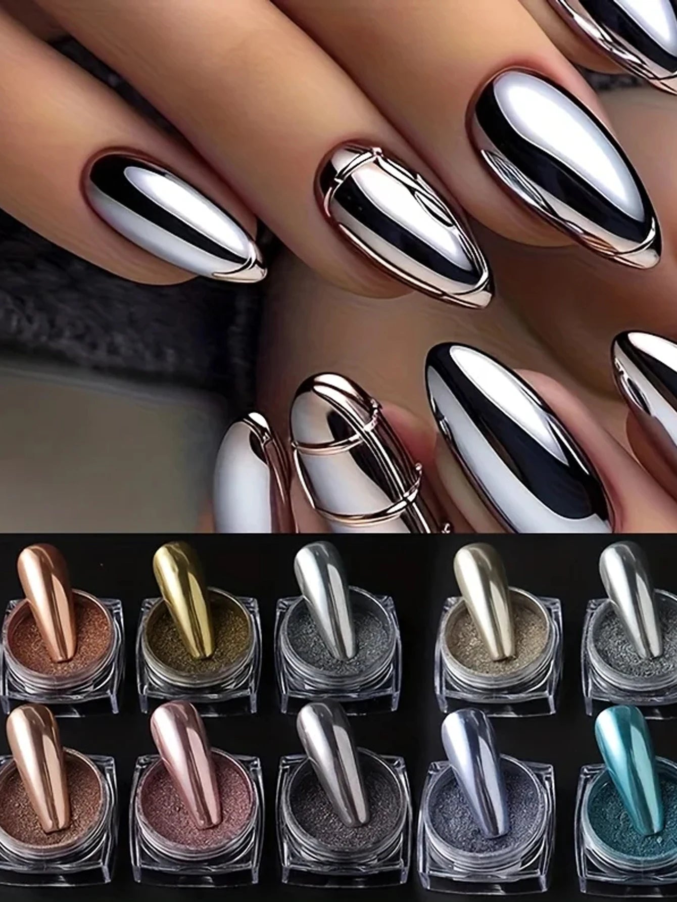6 Retro Magic Mirror Nail Glitter Powders Chrome Pigments Y2K Rubbing Qme 1 set