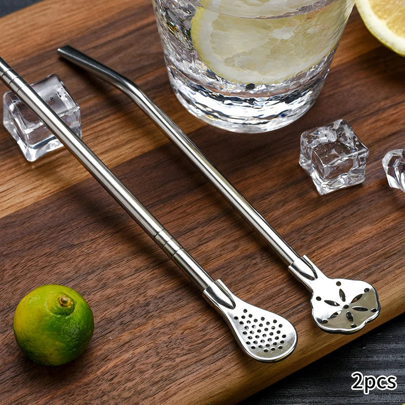 2pcs Detachable Filter Straw Stainless Steel Straw Spoon Tea Filter Yerba Mate Straw Reusable Drinking Tools Bar Accessories. Qme