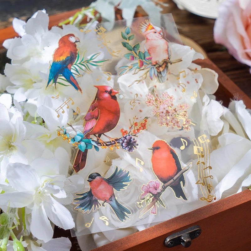 2 pcs/lot Bronzing Flowers birds flat Stickers colorful bird Decorative sticker Diy Scrapbooking material Craft Supplies Qme