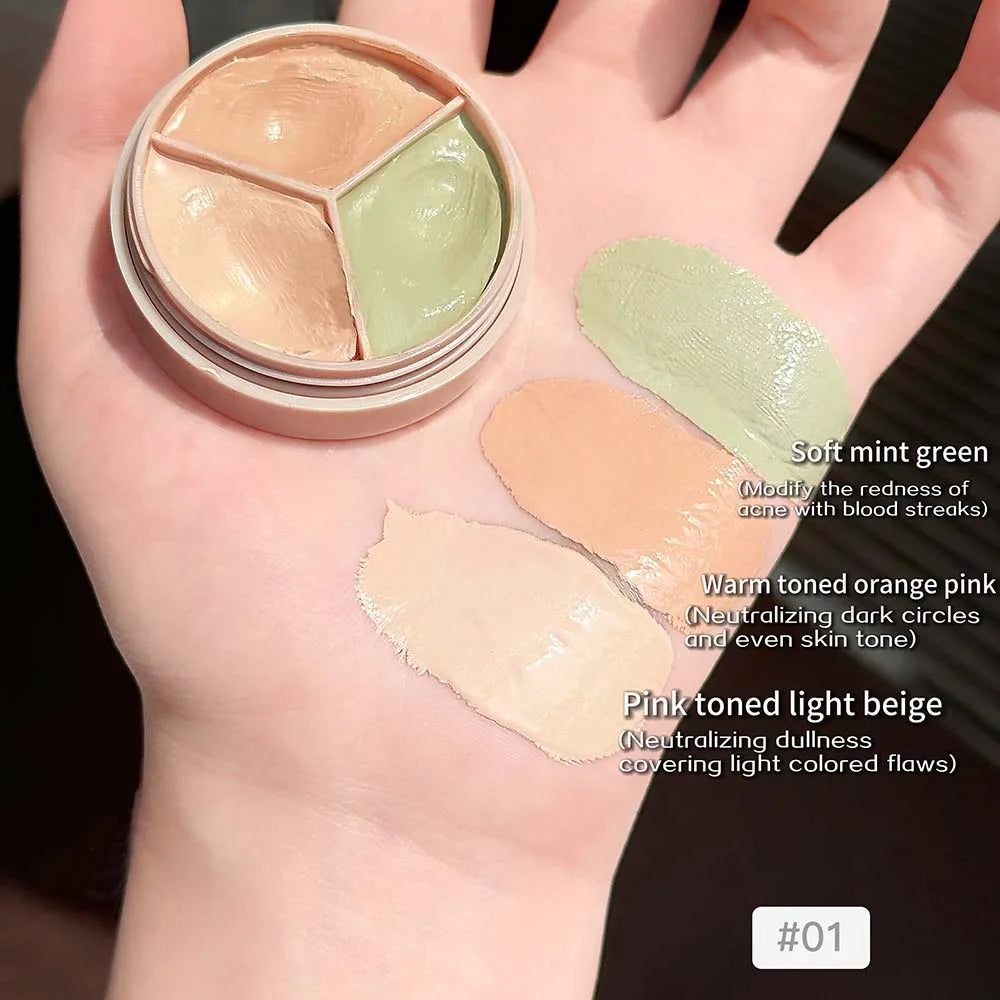Olive Green 3-Color Concealer Palette Full Coverage Dark Circles Fine Lines Redness Cream Matte Brightening Under-Eye Makeup Qme