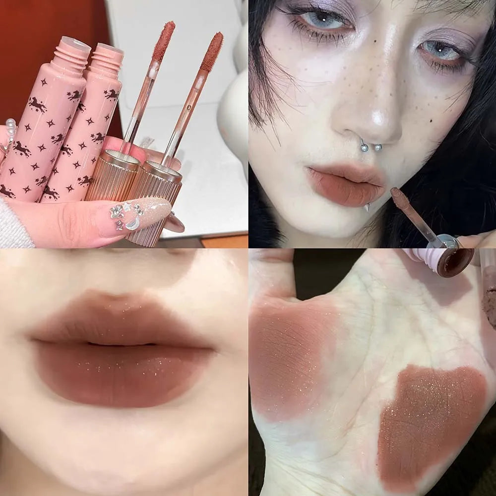 Shiny Matte Lipstick Moisturizing Lasting Pink Purple Sparkling Waterproof Nude Rose Lip Mud Glitter Makeup Cute Horse Pattern Qme 04