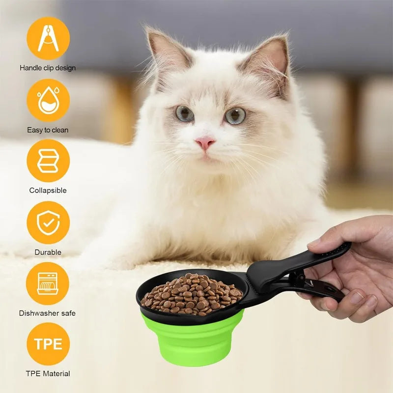 Pet food bag foldable dog food spoon clip, 3-in-1 multifunctional silicone food measuring cup spoon food storage clip Qme