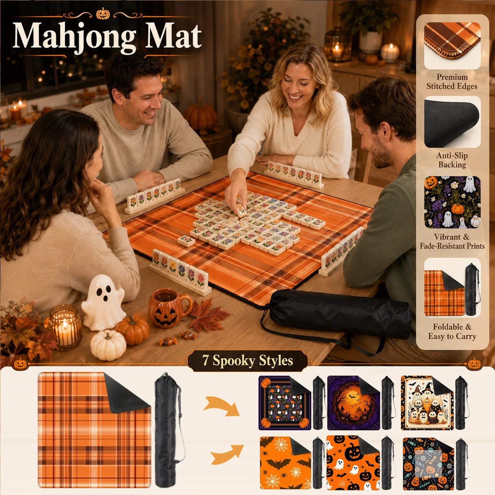 Halloween Pumpkin Ghost Elements Decorative Table Pad for Mahjong Party Home Table Placemat Foldable Durable Multipropose Mat Qme
