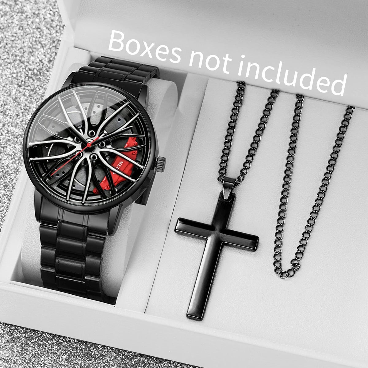 2 Pcs Fashion Men's Watches 3d Car Wheel Casual Sports Watch Stainless Steel Band Men's Wrist Watches Necklace Set (Without Box) Qme Red