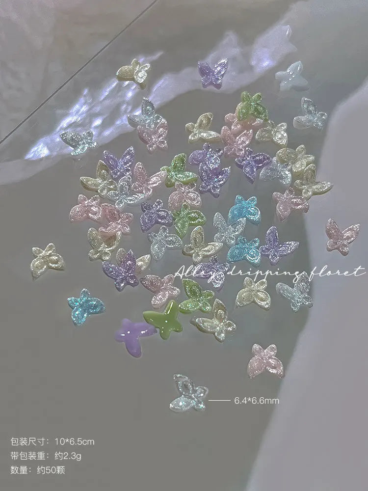 50pcs Glitter Butterfly Nail Charms, 3D Colorful Dopamine Butterflies Resin Nail Art Decorations, Flat Back Manicure Supplies Qme 04 50pcs