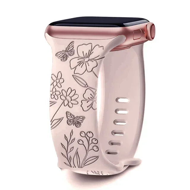 Floral Engraved Strap For Apple Watch Band 40mm 44mm 41mm 49mm 45mm 38mm 42mm silicone bracelet iwatch series 9 7 se 6 8 ultra 2 Qme Butterfly Pink 42mm 44mm 45mm 49mm