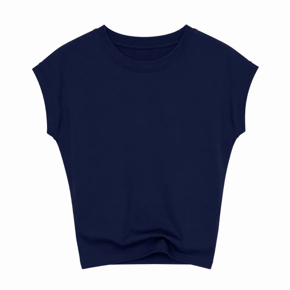 Korean Style Round Neck Women T Shirt Solid Color Breathable Short Sleeved T Shirt Slim Fit Stretchy Thin Base Top Summer Qme Blue XXL