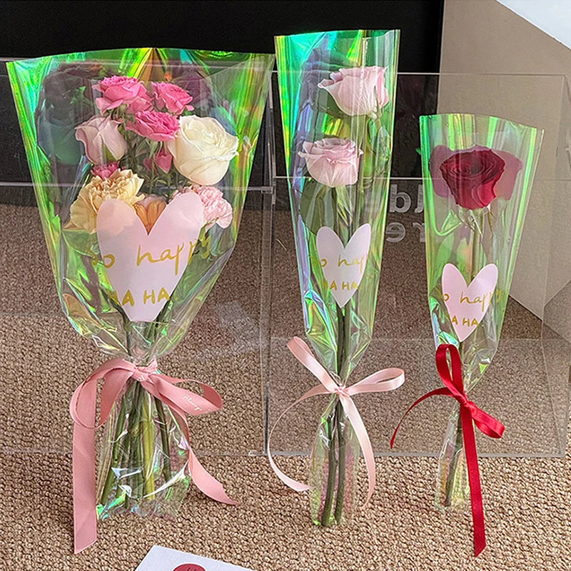 30PCS Love Heart Iridescent Single Rose Sleeves DIY Transparent Flower Wrapping Bag Floral Material Packaging Waterproof Qme