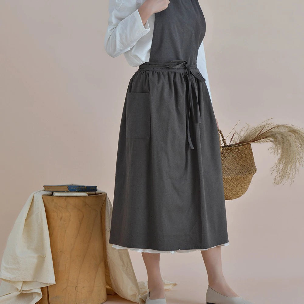 Jananese Summer Apron Art Long Home Baking Dessert Teacher Floral Painting Students Dress Apron For Woman Girl Kitchen Qme grey