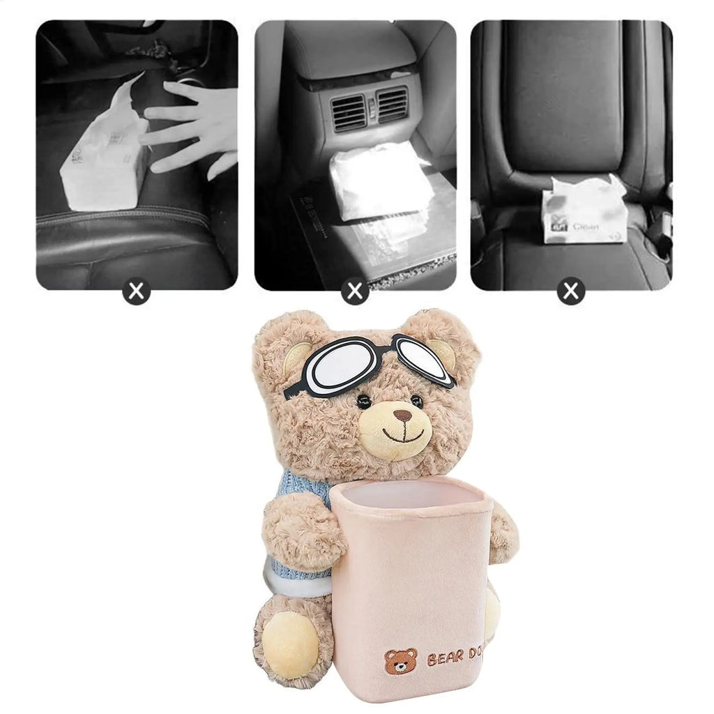 1pcs Car Tissue Box Auto Cartoon Trush Can 2-in-1 Leakproof Plush Bear Tissue Holder And Trash Can For Vehicle Home Travel Qme