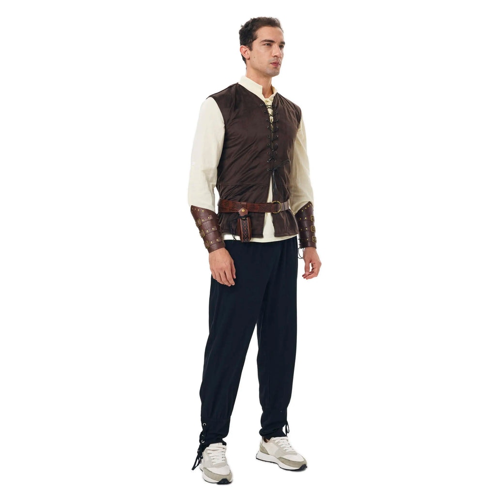 7PCS Mens Renaissance Costume Medieval Viking Outfit Pirate Shirt Pant Tunic Vest Belt Accessories for Halloween Qme