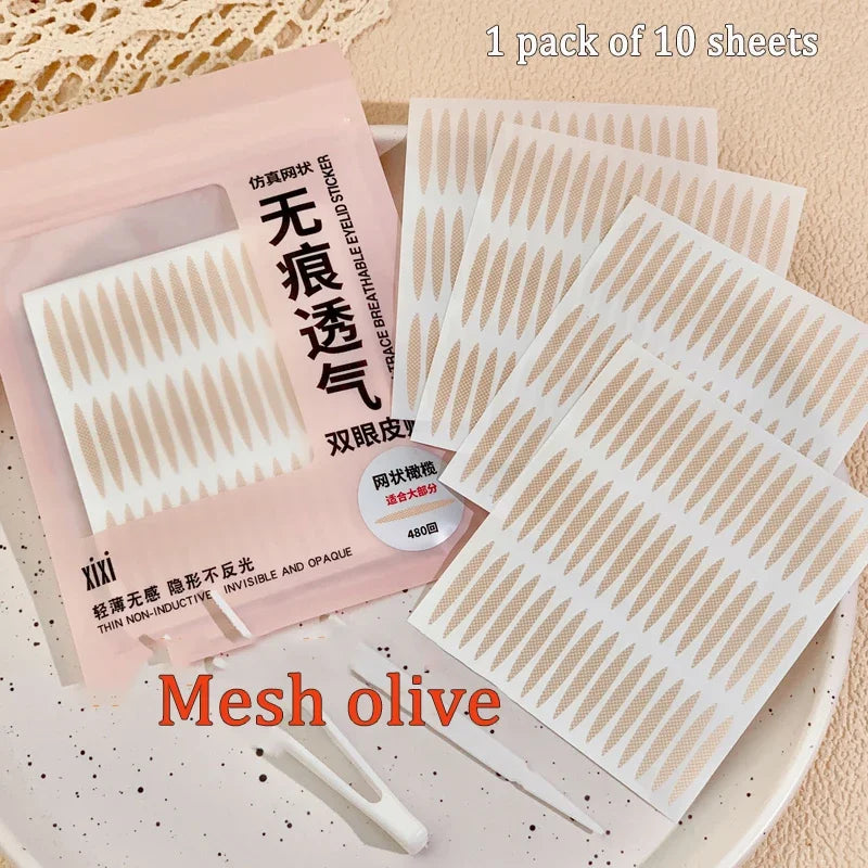 10 sheets Eyelid Sticker Invisible Double Eyelid Tape Lace/Mesh Type Self Adhesive Double Eye Tape Stickers Eye Makeup Tools Qme Mesh olive