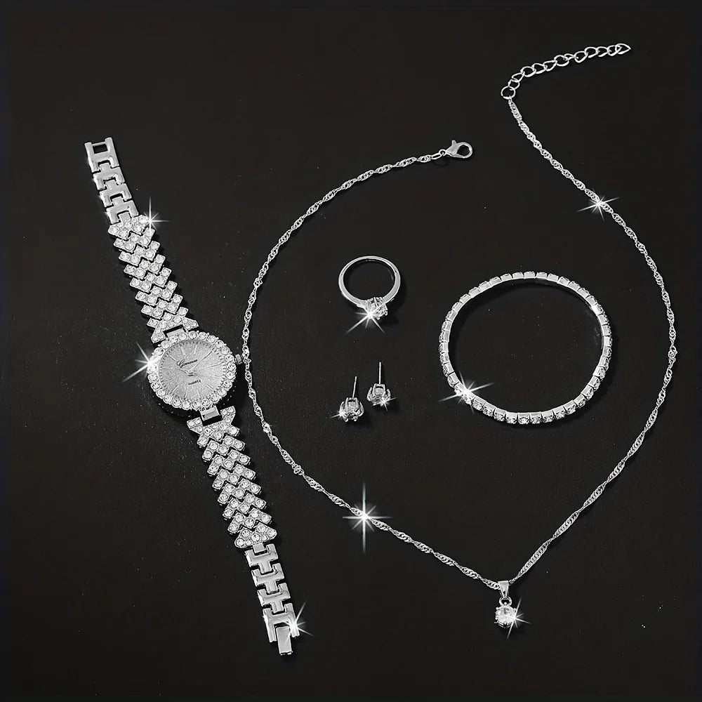 1pc Rhinestone Decor Quartz Watch Elegant Analog Wristwatch & 5pcs Jewelry Set, Festival Gift For Women Qme