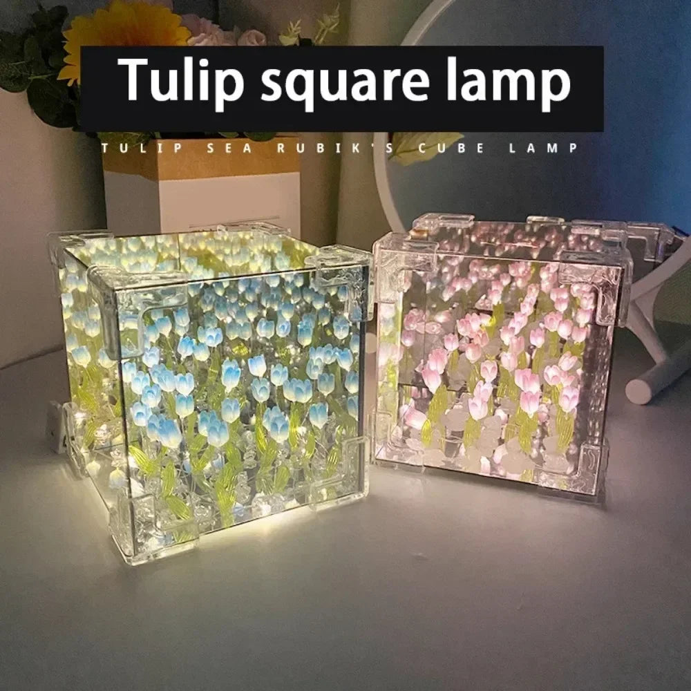 DIY Tulip Sea Mirror Night Light Car Decoration Materials Handmade Qme