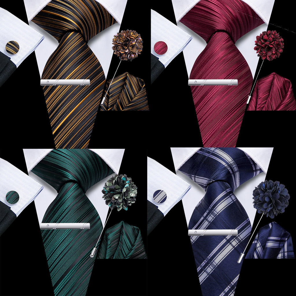 Hi-tie Men Fashion Necktie Burgundy Handkerchief Cufflinks Tuxedo Qme