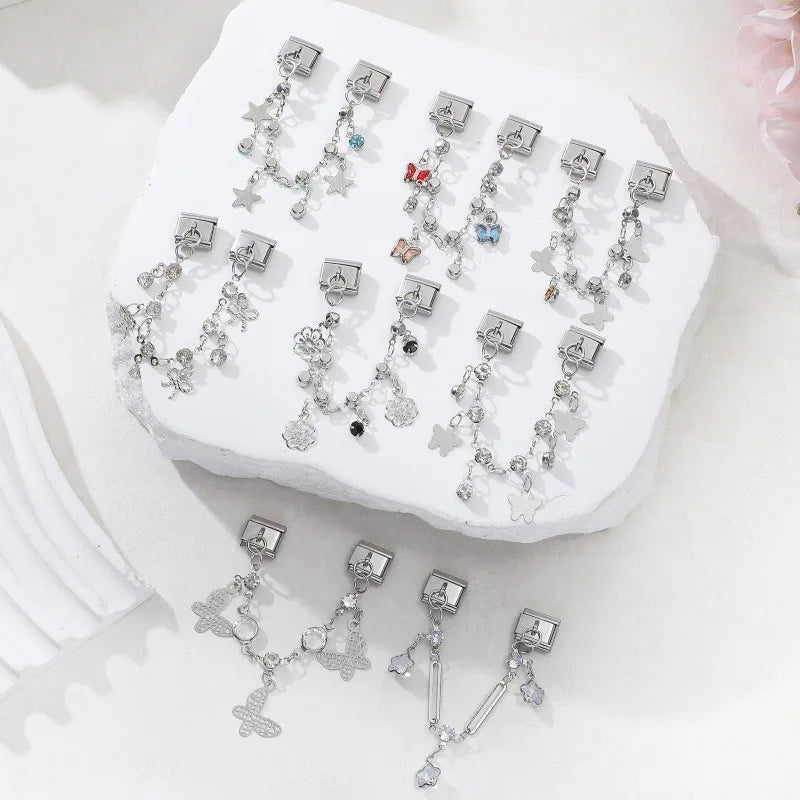 Women New Colorful Round Zircon Sliver Stars Flower Tassel Chain Italian Charm Fit 9mm Stainless Steel Bracelet DIY Jewelry Gift Qme