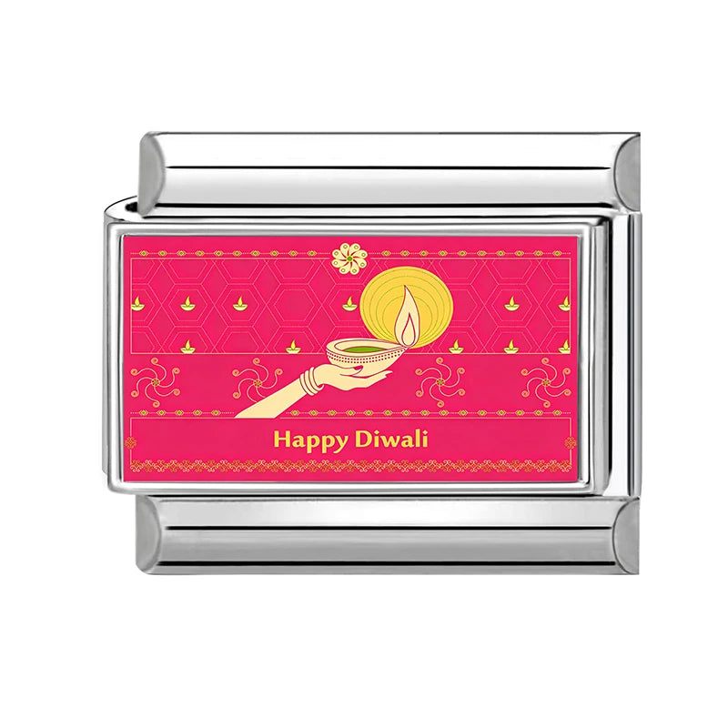Happy Diwali Light up the Lights Italian Charm Links Fit 9mm Stainless Steel Men Women Y2K Bracelet DIY Making Jewelry Gifts Qme Style 5
