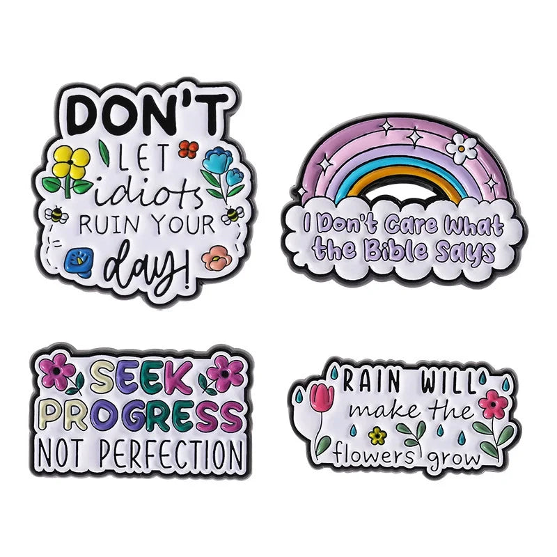 Cartoon Rainbow English Enamel Pins Seek Progress Not Perfection Metal Badge Brooch Children And Friends Jewelry Gifts Wholesale Qme set