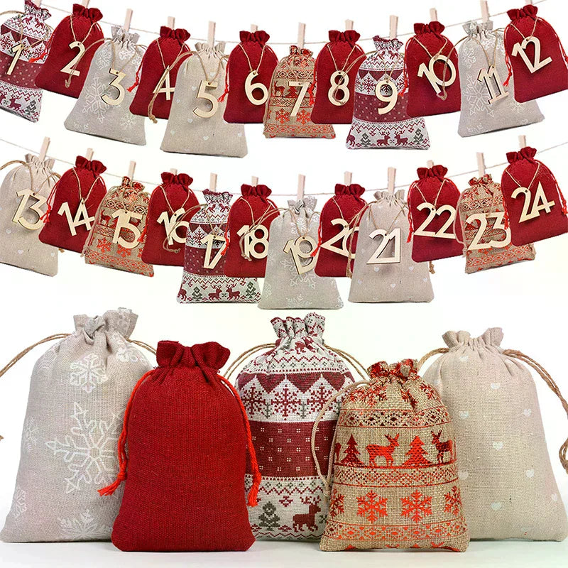 Christmas Advent Calendar Bags 24 Days Countdown Calendar Bags Drawstring Gift Bags For Adults And Kids DIY Candy Bags Qme