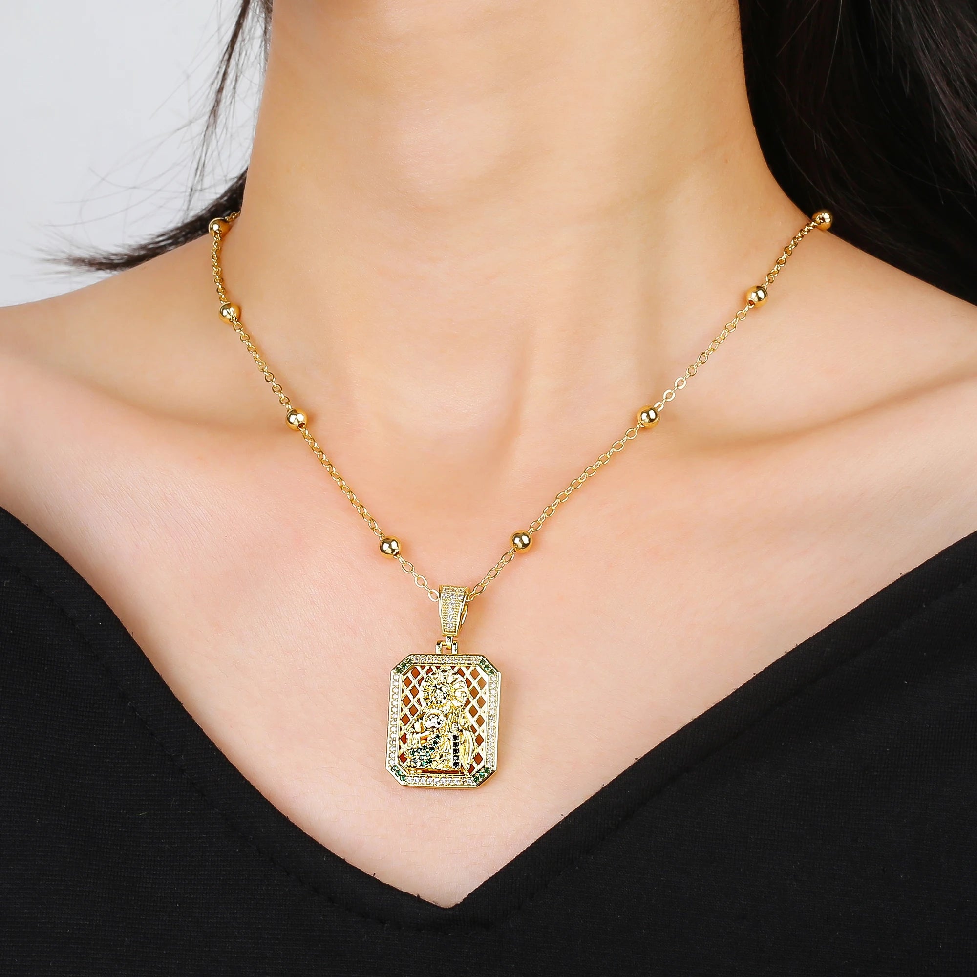 Square Hollow Virgen De Guadalupe Multicolor Zircon Pendant Necklace Catholic Religious Protection Jewelry For Women Daily Wear Qme