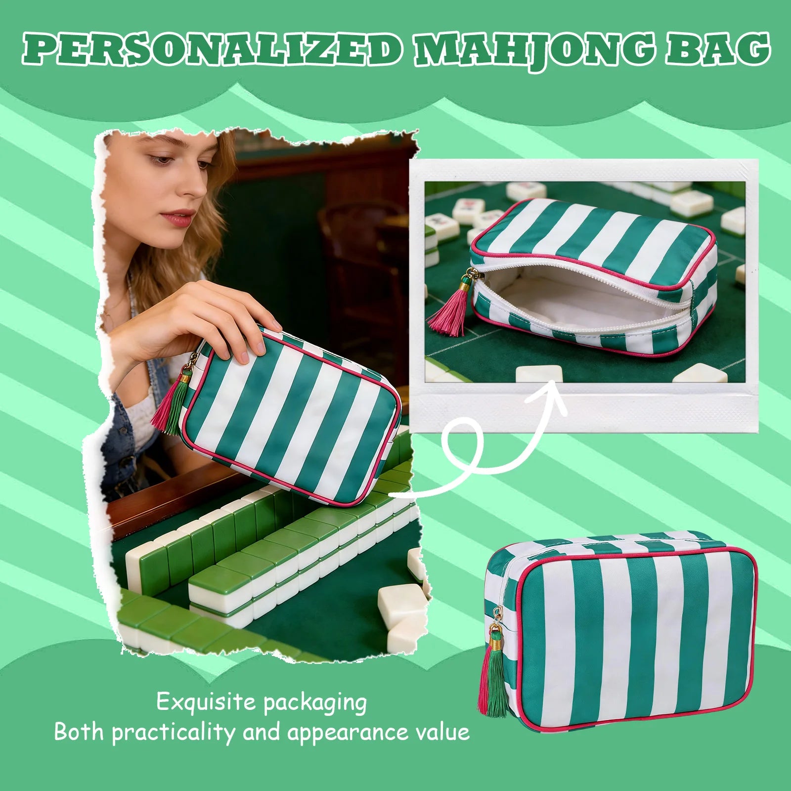 Striped Clutch Small Handbags Large Capacity Mahjong Storage Bag Multipropose Outdoor Cosmetic and Toiletries Storage Bag Qme green One Size