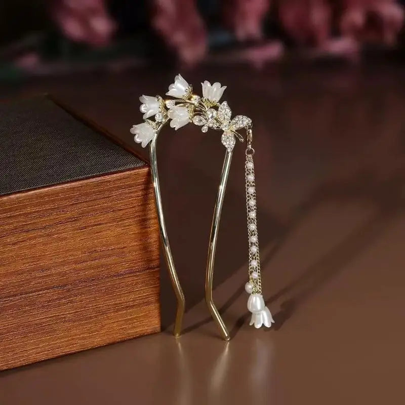 Chinese Hanfu Hair Accessories Long Tassel Vintage Lily Valley Qme