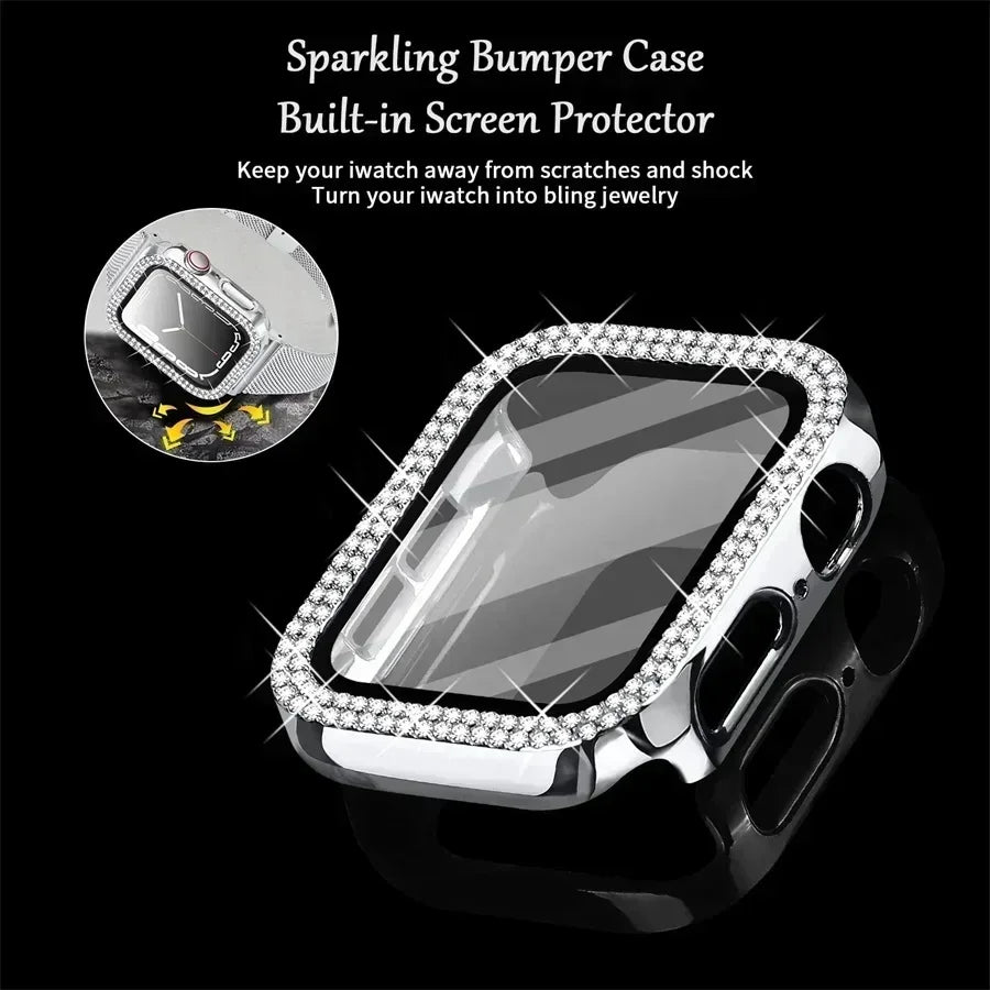 Bling Glass+Cover For Apple Watch 10 46mm 42mm Diamond Hard PC bumper+Screen Protector Case iwatch series 10 42 46mm Accessories Qme