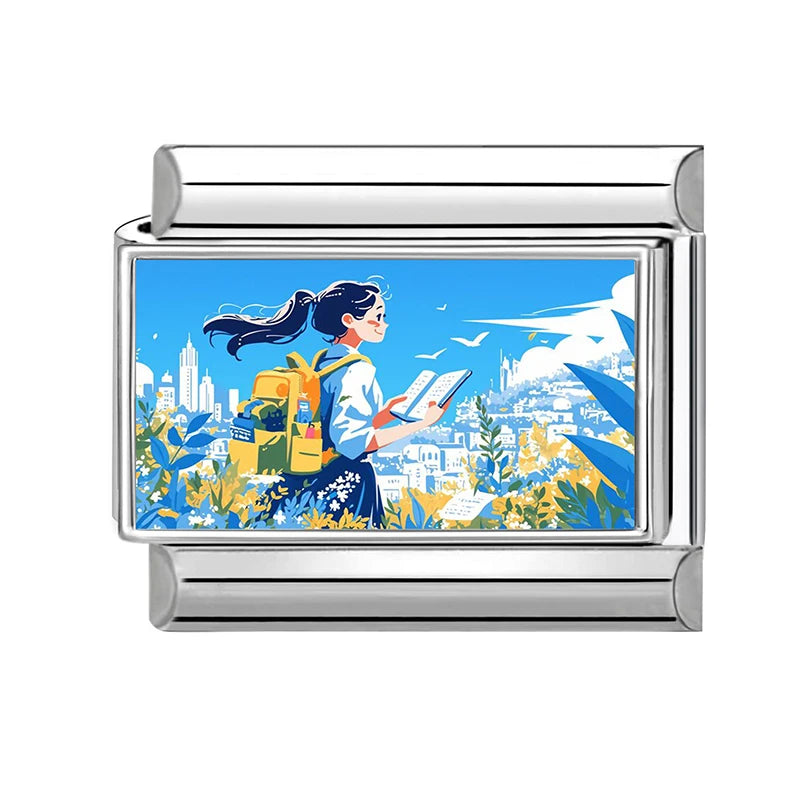 Blue Landscape Sky School Student Schoolbag City Italian Charms Fit 9mm Stainless Steel Women Fashion Bracelet DIY Jewelry Gifts Qme Style 15