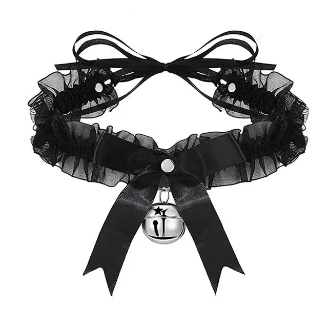 Lace Aesthetic Necklace Bow Knot Bell Choker Women's Cute Collar Qme Black