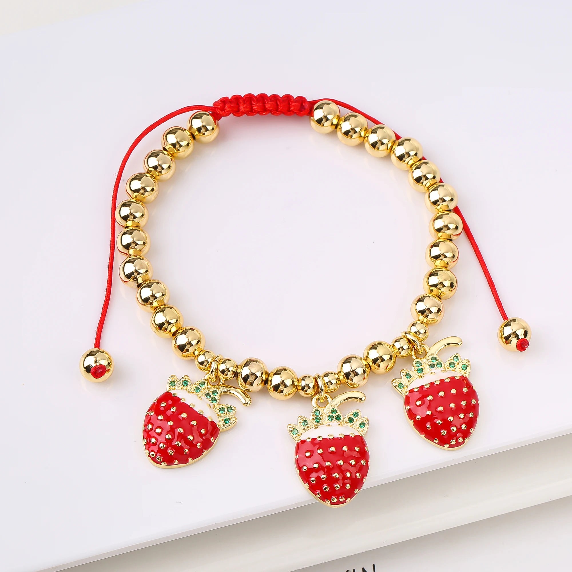 Gold-Plated Copper Bead Chain Braid Crystal Red Cherry Bracelet for Woman Female Daily Party Wrist Jewelry Friendship Gift Qme 22