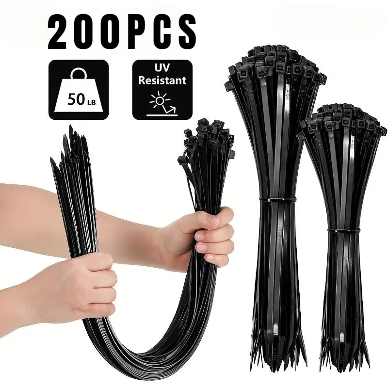 200/100PCS Black Cable Ties High Tensile Strength, UV Resistant, Self-Locking For Home & Office Cord Management Qme