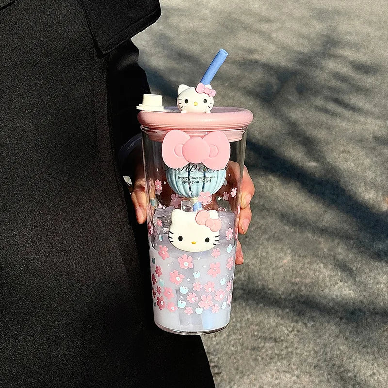 Hello Kitty-Style Cherry Blossom Glass Cup—Stylish for Women, Heat-Resistant Tea Cup, Large-Capacity Office Cup with Straw Qme