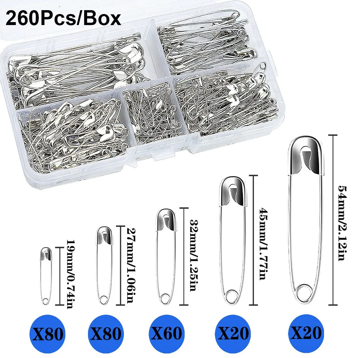 260Pcs Safety Pins Assorted Size Large Safety Pins and Small Safety Pins for Clothes Sewing Qme 260PCS