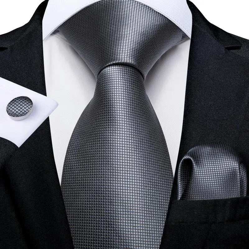 Hi-tie Smoke Grey Tie Men Elegant Mens Necktie Pocket Square Cufflink Qme 0311