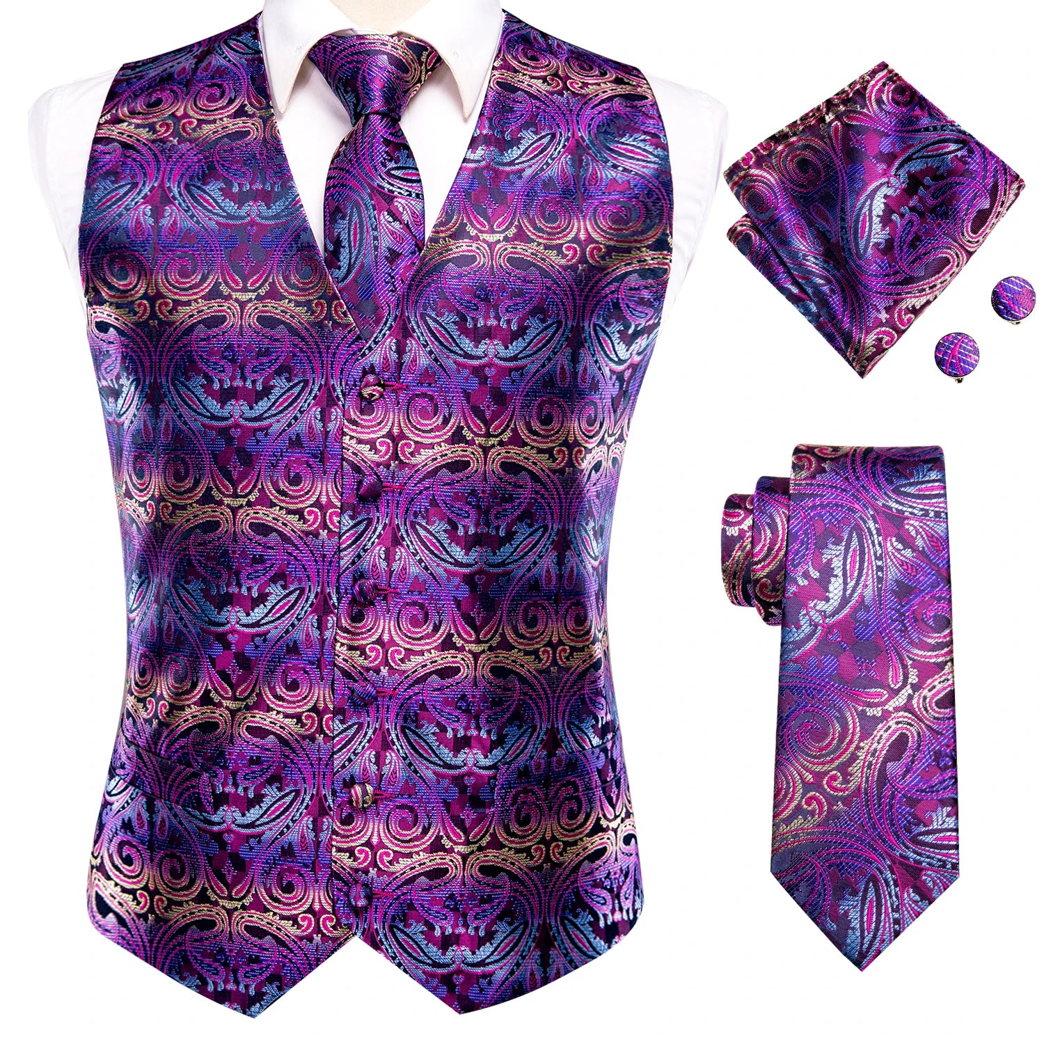 Men's Floral Paisley Suit Vest Tie Formal Waistcoat Necktie Pocket Qme MJTZ0027 L