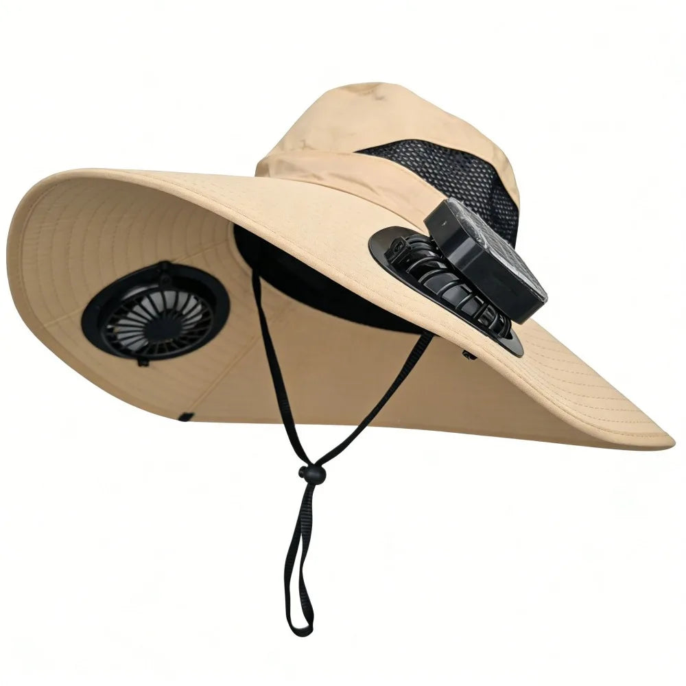Convenient Dual Fan Solar Hat Breathable 3 Speeds Summer Visor Cap Qme Beige Square