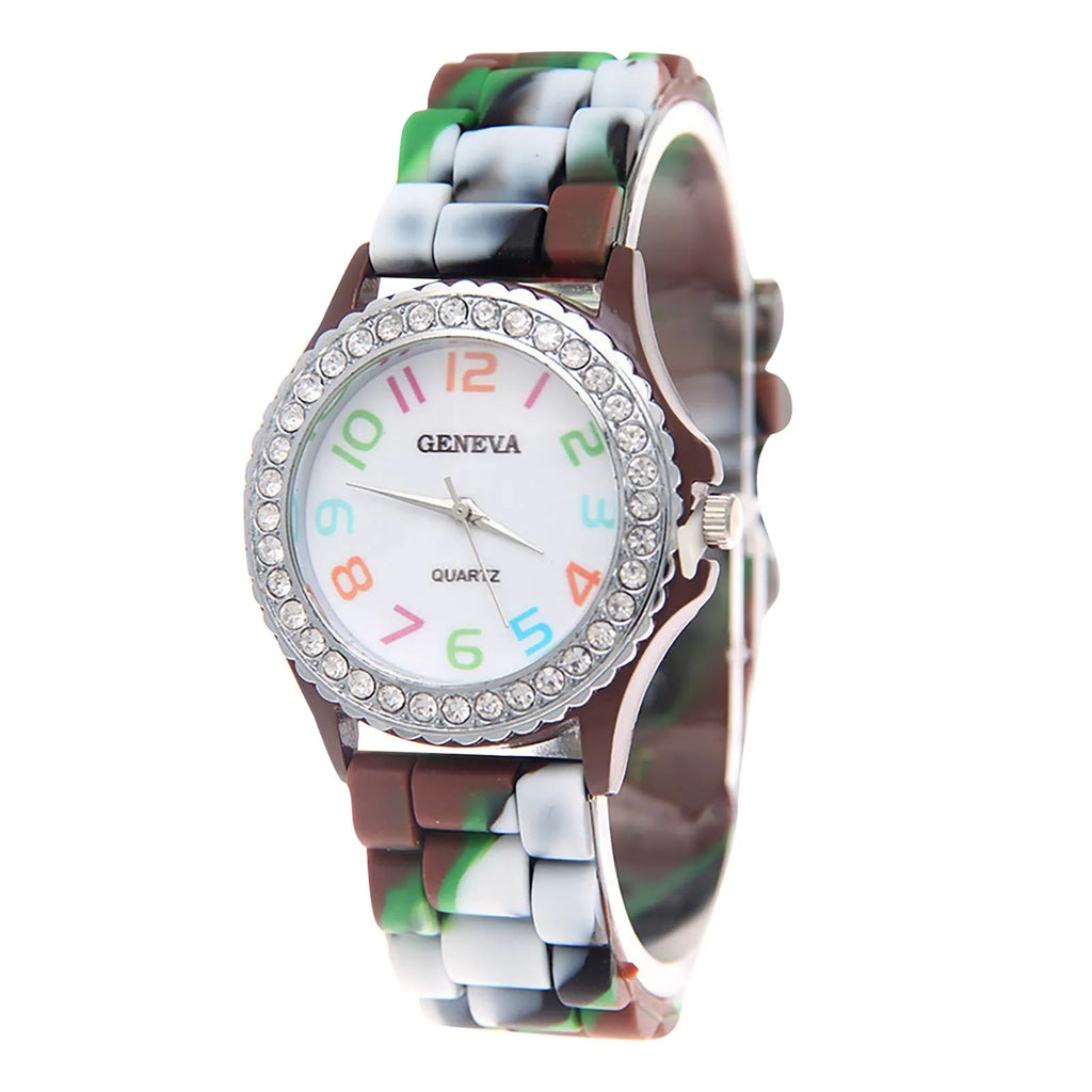 Girls’ Silicone Camouflage Watch Crystal Bling Quartz Wrist Watch Fashion And Cool Casual PU Strap Round Dial With Diamond Watch Qme G