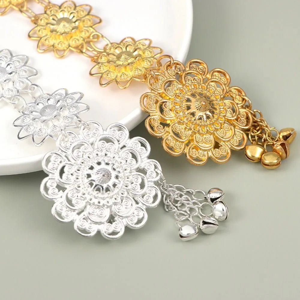 Traditional Metal Ethnic Style Belt Bell Silver Gold Belt Hollow Out Tassel Flower Metal Waist Chain Party Decoration Qme