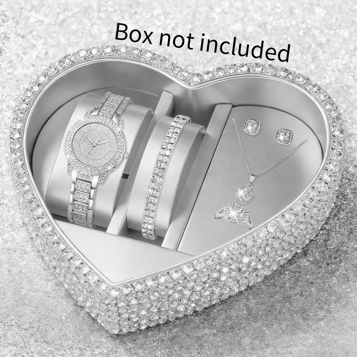 Luxury Rhinestone Watch + Bracelet & Jewelry Set Qme Silver Without Box