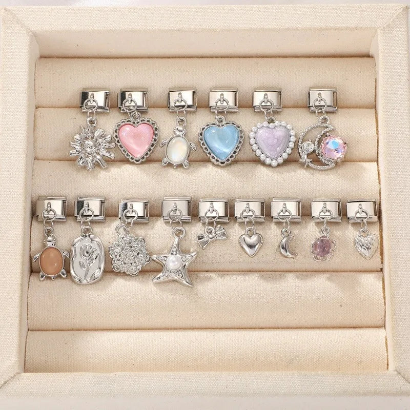 New Original Colored Crystal Turtle Moon Heart Italian Charm Stainless Steel Link Fit 9mm Modular Bracelet DIY Jewelry Wholesale Qme
